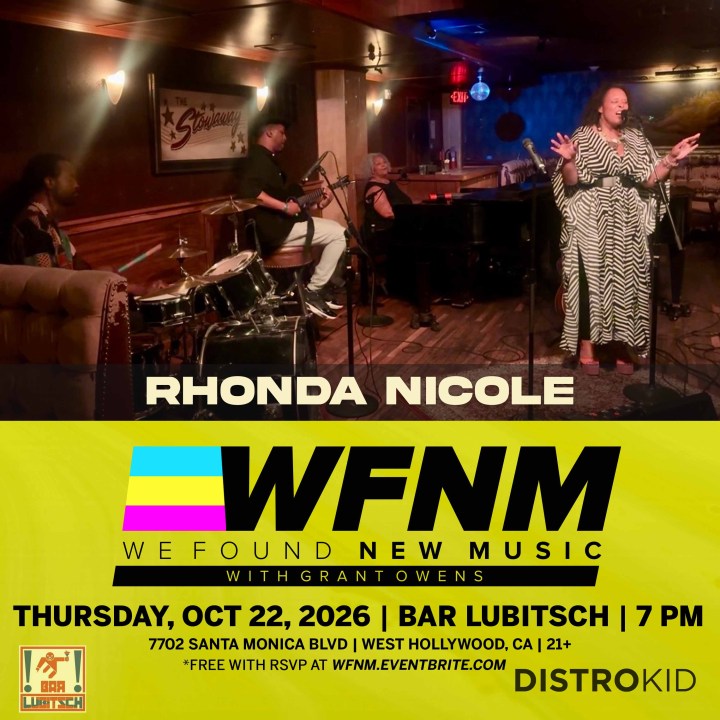 Banner for a live music event featuring Rhonda Nicole at Bar Lubitsch, with a background image of musicians performing on stage.